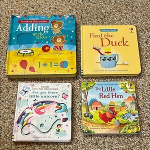 Usborne Book Set First Math Slide, Find Duck, Little Red Hen, Unicorn Peek